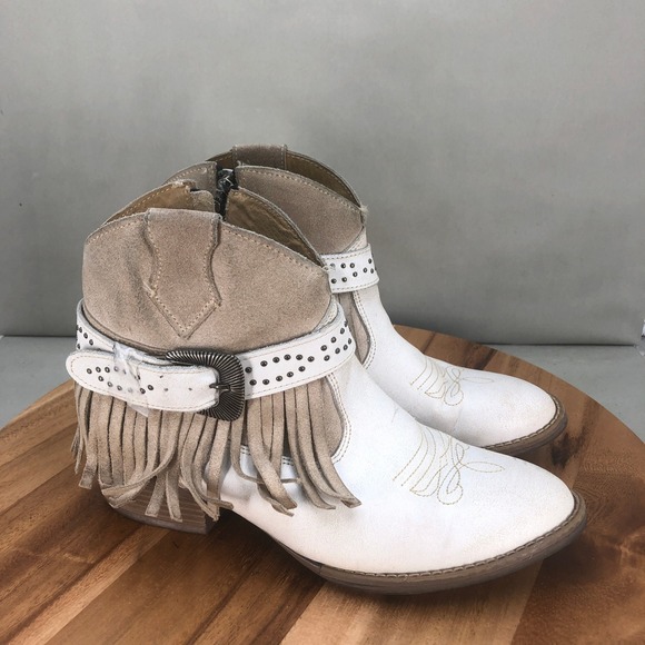 Sterling River Boots White Beige Fringe Cowboy Ankle Booties Womens Size 11 M - Picture 1 of 8